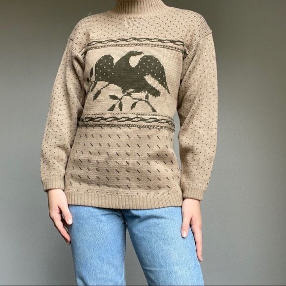 Vintage Women’s Espirt Tan Green Wool Blend Bird Mock Neck Sweater Sz S - Picture 3 of 8